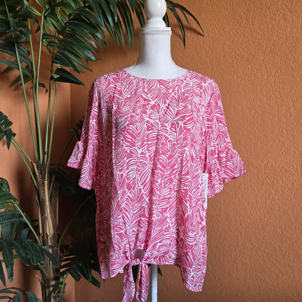 NWT Counterparts Tropical Floral Blouse Shirt White Pink Tie Front Ruffle Large